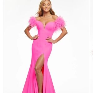 Laura Ashley Hot Pink Feather Off-Shoulder Prom Gown